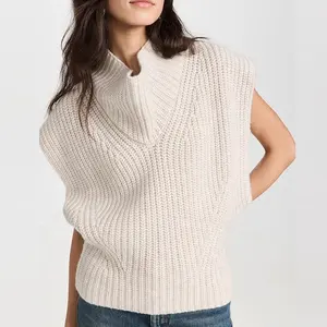 Knitwear Manufacturer Custom Autumn Winter Cream Turtleneck Sleeveless Ribbed Knit Wool Cashmere Pullover Sweater Women