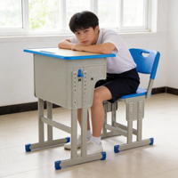 Ensemble table et chaise d'étudiant moderne avec tiroir sous le bureau et crochet pour sac, structure en métal et plateau en bois, mobilier scolaire certifié