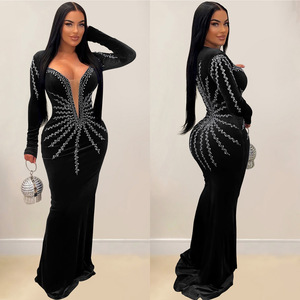 <span class=keywords><strong>Robe</strong></span> de <span class=keywords><strong>soirée</strong></span> pour <span class=keywords><strong>femme</strong></span> C6827, manches longues, couleur unie, sexy, en tissu de mousseline orné de strass, fabriquée en cachemire - Product Image 1