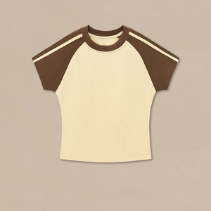 เสื้อยืดถักลายทางตัดสี คอกลม สไตล์เรโทร สำหรับผู้หญิงช่วงฤดูร้อน เสื้อยืดทรงเข้ารูป ผ้าเนื้อนุ่ม ยืดหยุ่นได้ดี ตัดต่อผ้าแบบมีสไตล์ - Product Image 5