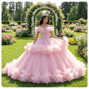 Vestido de Quinceañera Rosa Dy20257, Vestido de Gala con Volantes y Escote Corazón, Vestido de 16 Años con Cuentas y Cola Grande, Elegante Vestido de Encaje para Fiesta de Graduación Jancember - Product Image 1