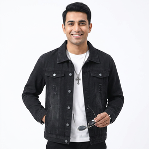 Chaqueta vaquera para niños al por mayor, chaqueta para hombre, chaqueta vaquera negra con detalle de solapa y botones rasgados sólidos - Product Image 1