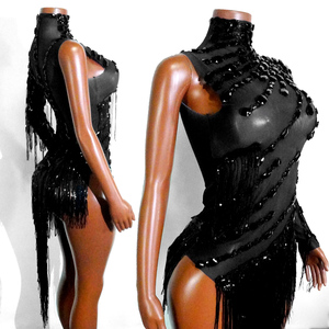 Body Sexy Negro con Flecos, Malla Elástica, Asimétrico, de un Solo Hombro, con Lentejuelas y Borlas, para Baile Latino, Samba, Festivales y Actuaciones - Product Image 3
