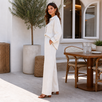Ensemble deux pièces en lin personnalisé pour femme, chemise à manches longues boutonnée et pantalon large, idéal pour la plage, vente en gros, OEM, marque privée, grandes tailles