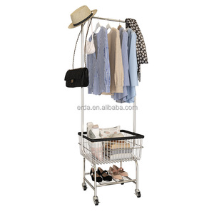 Support de rangement en fil métallique pour majordome de blanchisserie avec panier à linge roulant et porte-manteau pour la cuisine, la chambre et le couloir - Product Image 2