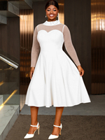 Robe décontractée pour femme, taille plus, blanche, mi-longue, formelle, à col montant, patchwork, manches longues en maille, dos nu, style A