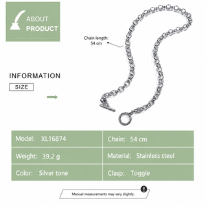 Collier chaîne Rolo en acier inoxydable, ton argenté, maillons ronds épais avec fermoir à barre en T, 54 cm, bijoux tendance - Product Image 4