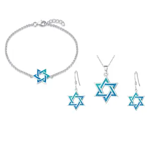 Sterling Silver Judaica Jewish Star of David Israel Chai Hebrew Ocean Blue Opal Necklace Earrings Bracelet Set