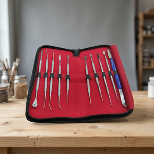 Kit d'instruments chirurgicaux dentaires manuels en acier pour le nettoyage, le remplissage et la sculpture des dents, avec étui rouge, certifié CE - Product Image 3