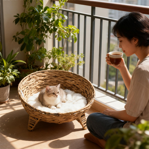 Cama para Mascotas Tejida a Mano con Paja Natural, Casa para Mascotas Cálida para Invierno, Rascador para Gatos, Cama para Perros con Cojín Suave - Product Image 1