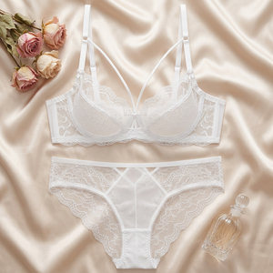 Conjunto de sujetador con aros y bragas de encaje blanco, talla grande, transparente, lencería romántica transpirable para mujer - Product Image 2