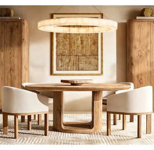 Table à manger ronde en bois de chêne à base ouverte, style Oslo, mobilier sculptural minimaliste pour espace à manger contemporain - Product Image 1