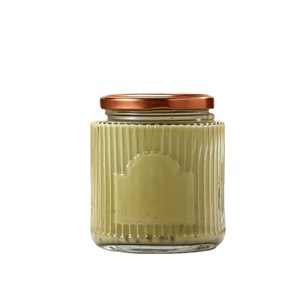 Vente en gros <span class=keywords><strong>Pot</strong></span> à miel <span class=keywords><strong>Pot</strong></span> en verre circulaire transparent avec rayures verticales et couvercle en métal pour conserves - Product Image 2
