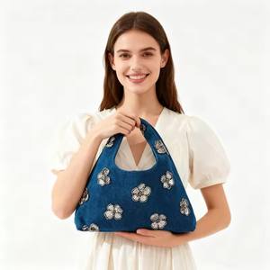 Flower Sequin Handbags Casual Denim Wrist Bags for Women Appliques Shoulder Bag <strong>Designer</strong> Small Canvas Tote Ladies Clutch Pouch - Product Image 2
