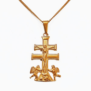Colgante de acero inoxidable con forma de <span class=keywords><strong>cruz</strong></span> de 316L y oro Real de 18k, colgante religioso de <span class=keywords><strong>Caravaca</strong></span>, colgante de <span class=keywords><strong>Cruz</strong></span> con colgante de Ángel y querubín, 35mm - Product Image 2