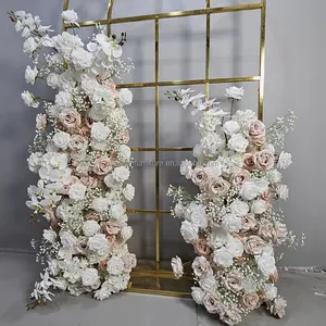 Corredor de flores artificiales de Hortensia rosa blanca y rosa, tela de seda de pie libre, fila de flores, telón de fondo, decoración de boda