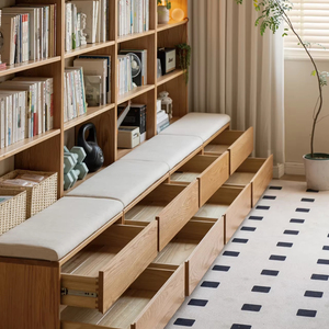 Hệ thống tủ sách âm tường bằng gỗ nguyên khối, tích hợp ghế dài và ngăn kéo, tủ đặt đồ tùy chỉnh - Product Image 5