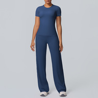 Ensemble de sport 2 pièces pour femme : T-shirt de yoga et de course à séchage rapide, haut d'entraînement respirant et pantalon large push-up