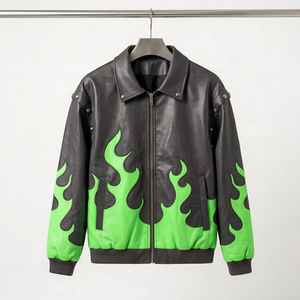 Dumela Men's White Genuine Bomber Jacket Blue Flame Print <b>Turn</b>-down Collar Single <b>Button</b> Closure Autumn Moto Style Quick Dry - Product Image 1