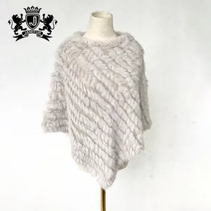 Poncho de pelo cálido para mujer, chal de punto con pelo de conejo blanco, primavera y otoño