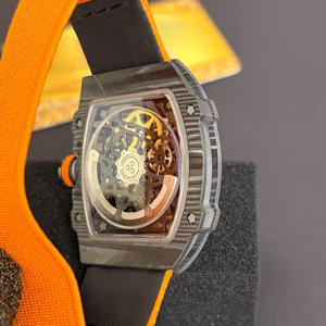 Reloj Mecánico Automático de Lujo con Esfera Esqueletizada, Modelo 67-02, Correa de Lona Naranja y Fibra de Carbono para Hombre - Product Image 3