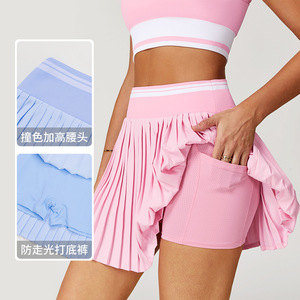 Jupe plissée avec short intégré, taille haute contrastée, en spandex/nylon respirant, élégante et luxueuse pour femmes, avec logo personnalisé - Product Image 2