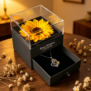 Boîte à bijoux de luxe Tournesol avec couvercle en acrylique et tiroir, pour rangement de colliers, boîte cadeau avec impression 'Meilleurs vœux' pour femme, cadeau de fêtes - Product Image 5