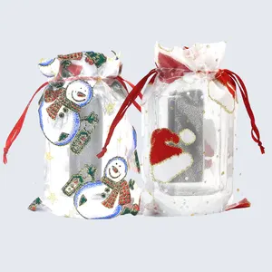 도매 크리스마스 눈사람 캔디 오간자 가방 10*15cm 고품질 보석 가방 크리스마스 화이트 오간자 가방