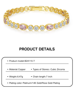 สร้อยข้อมือเทนนิสเซอร์คอนสีชมพูชุบทอง18K สั่งทำของขวัญแฟชั่นสไตล์วงรีสำหรับผู้หญิงเครื่องประดับโซ่ทองเหลืองทองแดง - Product Image 2