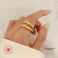 Bague pour femme en acier inoxydable martelé, texture feuille d'aluminium, verre double couche, or 18 carats, forme géométrique tendance, pour l'index