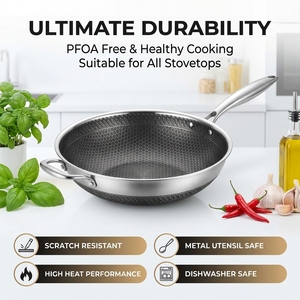 Wok Antiadherente de Acero Inoxidable FLEY con Diseño de Panal de Abeja, Mango Reforzado Resistente al Calor, Utensilio de Cocina sin Recubrimiento para el Hogar y Restaurantes - Product Image 3
