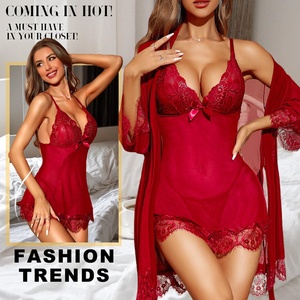 Fashion Valentine's Day Sexy Womens Dresses Sheer Mesh Pajamas Robe Set With Pads Girls Clothing Plus Size Womens Nightgown - Product Image 1
