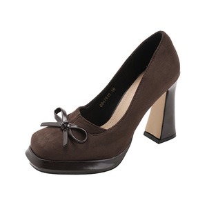 2026 New French Retro Brown Casual Shoes Women Bow Shallow Mouth Platform <b>Block</b> Heel High Heel Pumps - Product Image 5
