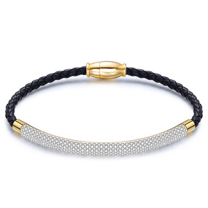 European American Fashion 3Mm Rhinestone <b>Leather</b> Braided Magnetic Stainless Steel <b>Bracelet</b> For Women Gift Jewelry - Product Image 1