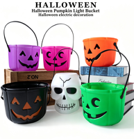 Seau à bonbons citrouille souriante portable violet, noir, orange, vert, rose pour Halloween – Vente en gros de décorations et accessoires