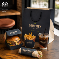 Emballages personnalisés pour plats à emporter de restaurant avec boîte à burger, carton à frites, manchon d'emballage, gobelet à café, sac en papier et boîtes combo à poignée.
