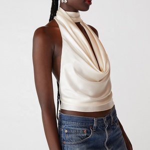 Hauts pour femmes 100% <span class=keywords><strong>soie</strong></span> col bénitier haut à licou la coupe flatteuse de l'épaule décolleté col bénitier profond mode <span class=keywords><strong>blanc</strong></span> beige hauts blouse - Product Image 3