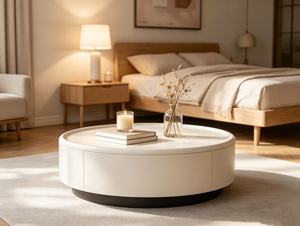 Modern <b>Round</b> Coffee <b>Table</b> With Storage <b>White</b> Resin Top Metal Frame Living Room Furniture Minimalist Design - Product Image 3