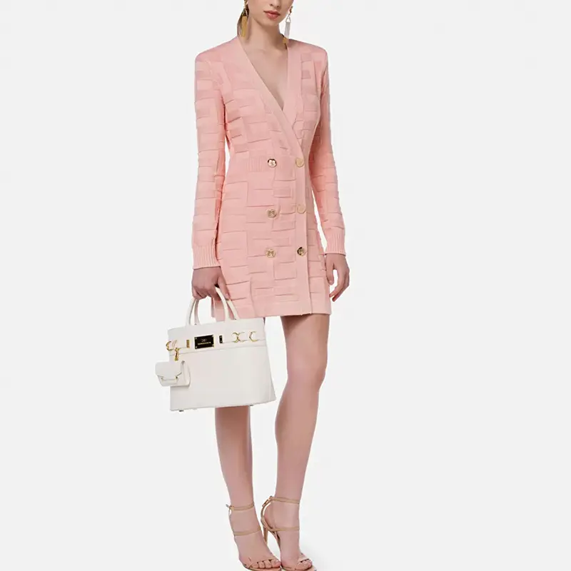 A6243 광주 제조업체 니트 긴 소매 드레스 격자 무늬 핑크 V 넥 여성 미니 드레스