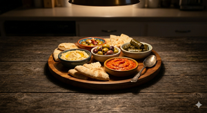 Round Wooden Serving <b>Platter</b> With Mediterranean Dishes And Bread For Party Use - Product Image 6