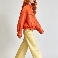 Chaqueta de Cuero para Mujer Tyan, Nueva, de Alta Calidad, Color Naranja, Diseño a Cuadros, para Primavera y Otoño, Cuero Genuino