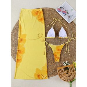 Ensemble bikini 3 pièces FOXA pour femme, haut triangle à nouer, string et jupe de plage moulante imprimée numériquement en Spandex et Polyester - Product Image 5