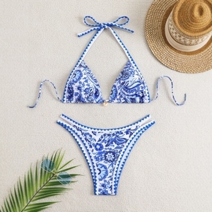 Blue and <b>white</b> porcelain floral print sports bikini backless swimsuit <b>set</b> - Product Image 1