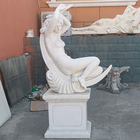 Statue féminine en pierre naturelle, Sculpture de femme nue en marbre blanc, assise sur la Base
