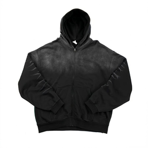 Sudadera con capucha con cremallera desgastada personalizada de algodón 100% de peso pesado para hombre, 430 gramos, artesanía lavada Retro, holgada, de gran tamaño, estilo callejero oscuro - Product Image 1