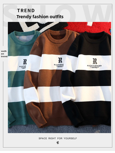 Maglione da uomo a righe nere bianche 2025 maglione a maglia spessa classico girocollo invernale lungo Anti-strizzacervelli - Product Image 2