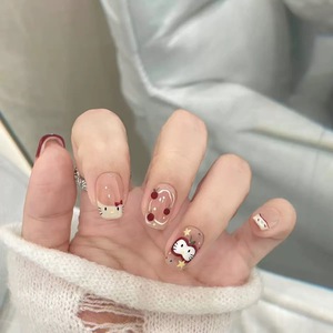 <span class=keywords><strong>Uñas</strong></span> Postizas Hechas a Mano, Cortas y Cuadradas, con Diseño <span class=keywords><strong>de</strong></span> Hello Kitty, Cerezas y Estrellas, <span class=keywords><strong>Uñas</strong></span> Acrílicas Lindas para Niñas - Product Image 1