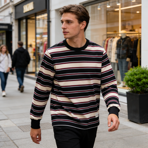 T-<span class=keywords><strong>shirt</strong></span> Streetwear Homme 280g 100% Coton Teint en Fil Jersey Rayé Breton Manches Longues Écologique Anti-boulochage Coupe Ample - Product Image 6