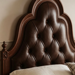 Traditional Wooden King Size Bed Frame with Tufted Genuine Leather Upholstered Headboard and Arched Design - Product Image 2