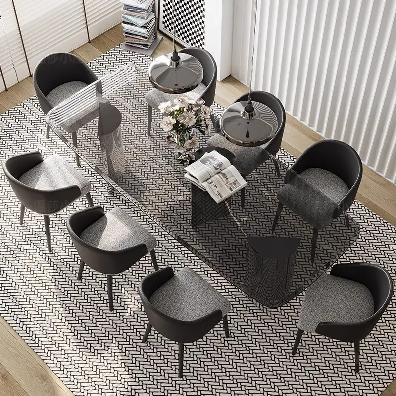 Modern cam yemek masası Minimalist tasarım mobilya şeffaf üst Metal taban yemek masası 6 8 10 koltuklu yemek masası